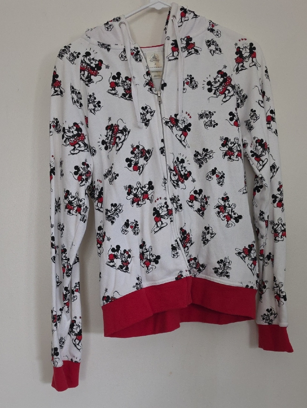 Disney White Hoodie with Red Trim and Mickey & Minnie Print